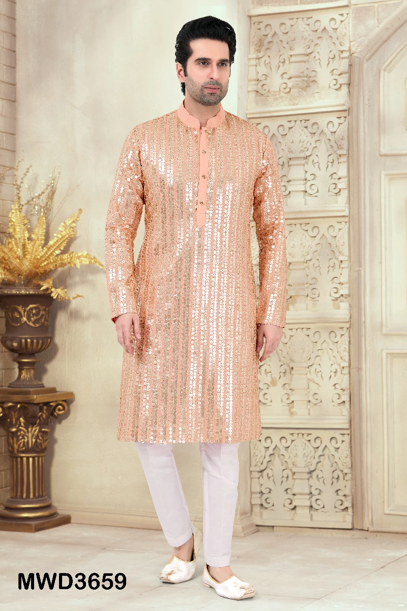 Peach Readymade Sequins Embroidered Kurta Pajama, 36-1.webp